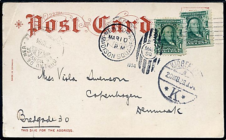 1 cent Franklin (2) på brevkort (Sort skopudser Jim) fra New York d. 10.3.1904 via norske sejlende bureau Bureau de Mer de Norvege Bergen - Newcastle A d. 22.3.1904 til København, Danmark. Fold.