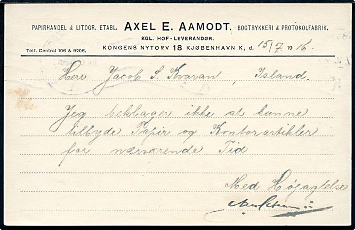 5 øre Chr. X helsagsbrevkort fra Kjøbenhavn d. 15.7.1916 til Eskifjördur, Island.