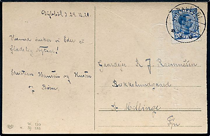 20 øre Chr. X på nytårskort annulleret med brotype IIb Ragebøl d. 30.12.1920 til Millinge.