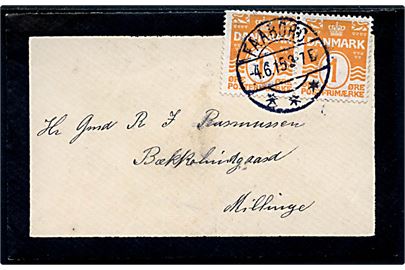 1 øre Bølgelinie i parstykke på lille sørgekuvert sendt som lokal tryksag fra Diernæs annulleret Faaborg d. 4.6.1915 til Millinge.