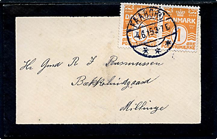 1 øre Bølgelinie i parstykke på lille sørgekuvert sendt som lokal tryksag fra Diernæs annulleret Faaborg d. 4.6.1915 til Millinge.
