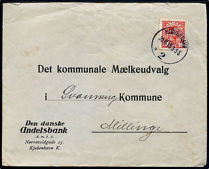 10 øre Bølgelinie med perfin D.D.A. på firmakuvert fra Den danske Andelsbank annulleret med brotype IIIb Kjøbenhavn 2 sn2 d. 30.11.1918 til Millinge.