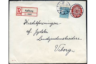 15 øre helsagskuvert (fabr. 43-C) opfrankeret med 25 øre Karavel sendt anbefalet fra Aalborg d. 28.12.1928 til Viborg.