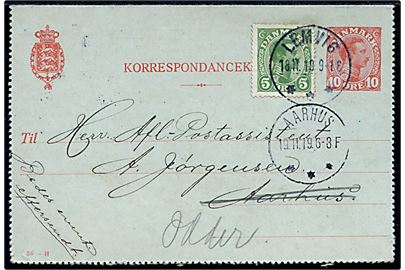 10 øre Chr. X helsagskorrespondancekort (fabr. 30-H) opfrankeret med 5 øre Chr. X annulleret med brotype IIIb Lemvig d. 18.11.1919 til Aarhus og eftersendt til Odder.