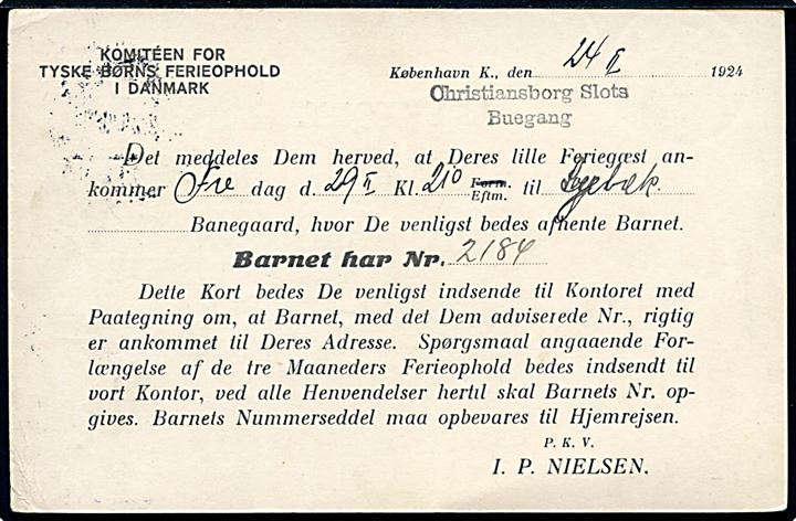 15 øre Chr. X helsagsbrevkort (fabr. 73-H) med fortrykt meddelelse fra Komitéen for tyske Børns Ferieophold i Danmark stemplet Kjøbenhavn B. d. 26.2.1924 til Svejbæk