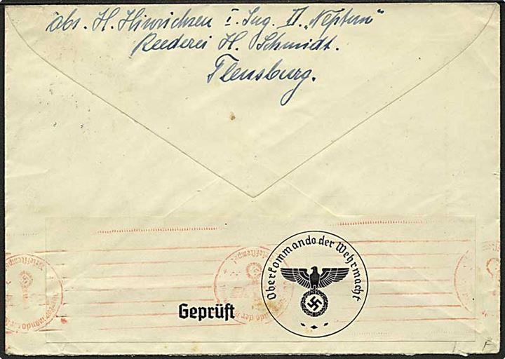 30 öre Gustaf på brev med svagt stempel d. 23.11.1943 til Flensburg, Tyskland. Fra sømand ombord på tyske dampskib S/S Neptun. Åbnet af tysk censur i Berlin.