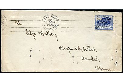 3d på brev fra Cape Town d. 31.12.1936 til Arendal, Norge. Sendt fra sømand ombord på Wilh. Wilhelmsen Lines M/S Tudor. Ank.stemplet i Arendal d. 18.1.1937.