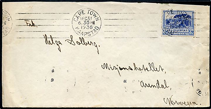 3d på brev fra Cape Town d. 31.12.1936 til Arendal, Norge. Sendt fra sømand ombord på Wilh. Wilhelmsen Lines M/S Tudor. Ank.stemplet i Arendal d. 18.1.1937.