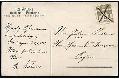 3 øre Bølgelinie på lokalt brevkort i anledning af fødselsdag d. 9.1.1908 annulleret med kryds til Frejlev.