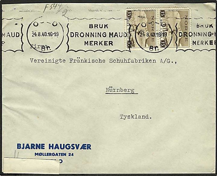 15 øre Turist udg. i parstykke på brev fra Oslo d. 24.8.1940 til Nürnberg, Tyskland. Åbnet af tysk censur i Berlin.