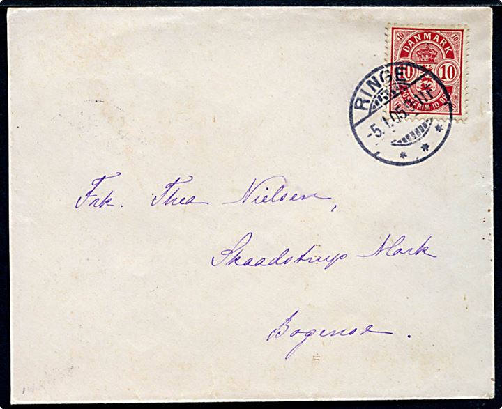 10 øre Våben på brev annulleret Ringe d. 5.1.1905 til Skaadstrup Mark pr. Bogense. 