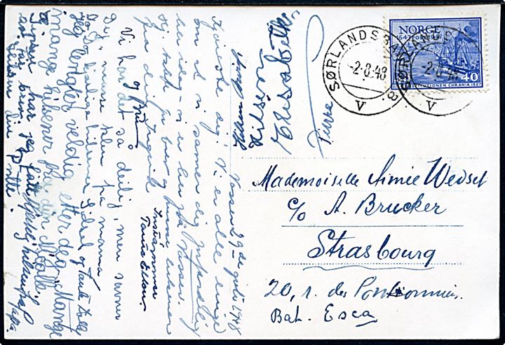 40 øre Postjubilæum på brevkort (Vrengen bro fra nord) annulleret med bureaustempel Sørlandsbanen B. / V d. 2.8.1948 til Strasbourg, Frankrig.