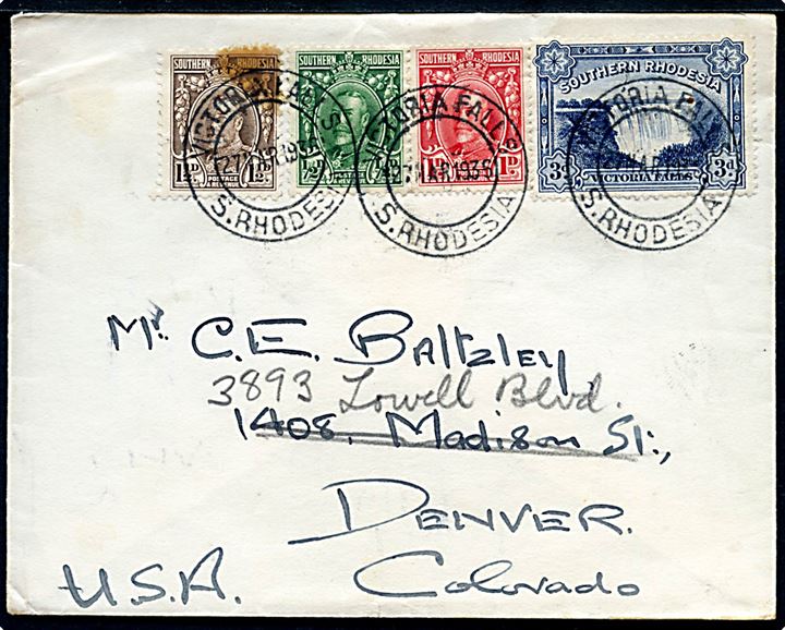 South Rhodesia ½d, 1d, 1½d George V og 3d Victoria Falls på brev annulleret Victoria Falls d. 27.3.1936 til Denver, USA. Et mærke med skjold.