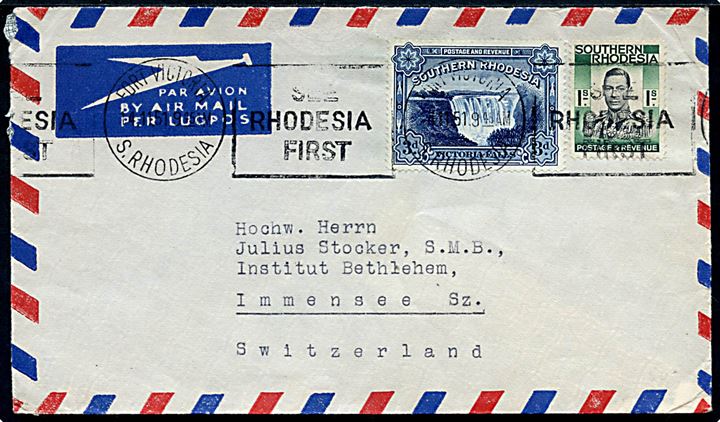 South Rhodesia, 3d Victoria Falls og 1 s. George VI på luftpostbrev fra Fort Victoria d. 14.11.1951 til Immensee, Schweiz.
