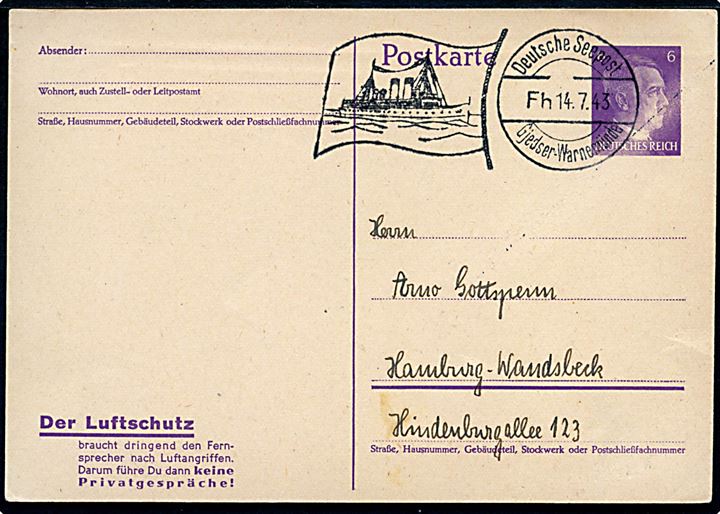 6 pfg. Hitler filatelistisk helsagsbrevkort annulleret med skibsstempel Deutsche Seepost Gjedser - Warnemünde Fh d. 14.7.1943 til Hamburg, Tyskland. Uden censur.