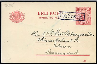 10 öre Gustaf helsagsbrevkort fra Stockholm d. 9.5.1916 annulleret med dansk skibsstempel Fra Sverige til Skive, Danmark.