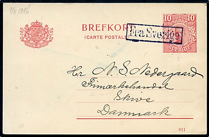 10 öre Gustaf helsagsbrevkort fra Stockholm d. 9.5.1916 annulleret med dansk skibsstempel Fra Sverige til Skive, Danmark.