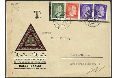 Tysk 5 pfg., 6 pfg. (2) og 12 pfg. Hitler markeret ugyldig på brev stemplet Trondheim d. 29.1.1943 til Halle, Tyskland. Sort T-stempel. Åbnet af tysk censur - censurbanderole mangler. Fold.