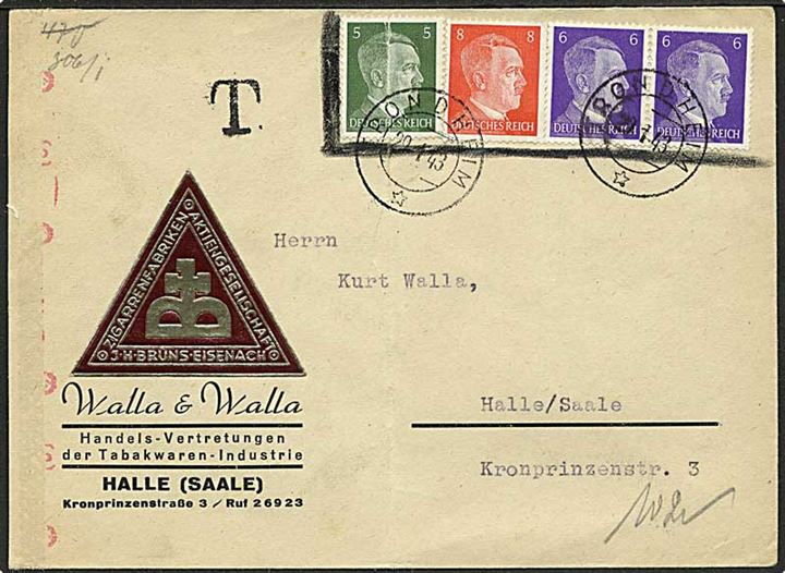 Tysk 5 pfg., 6 pfg. (2) og 12 pfg. Hitler markeret ugyldig på brev stemplet Trondheim d. 29.1.1943 til Halle, Tyskland. Sort T-stempel. Åbnet af tysk censur - censurbanderole mangler. Fold.