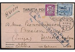 25 cts. Ciffer og 2 pts. Luftpost på luftpost brevkort fra Barcelona d. 30.12.1938 til Territet, Schweiz. Lokal spansk censur.