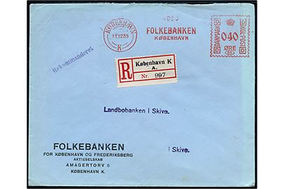 40 øre firmafranko frankeret anbefalet brev fra Folkebanken København d. 11.12.1935 til Skive.