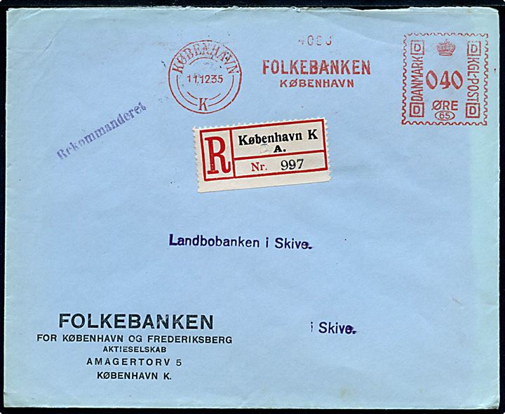 40 øre firmafranko frankeret anbefalet brev fra Folkebanken København d. 11.12.1935 til Skive.