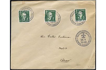 5 öre Gustaf 80 år (3) på brev annulleret med spejder særstempel Tullgranslägret * Scenska Scoutunionen * d. 29.7.1938 til Väramo.