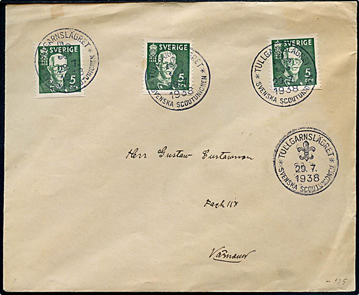 5 öre Gustaf 80 år (3) på brev annulleret med spejder særstempel Tullgranslägret * Scenska Scoutunionen * d. 29.7.1938 til Väramo.