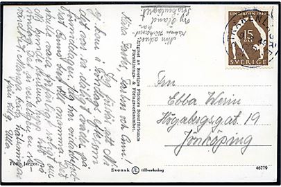 15 öre Lingiaden 1949 på spejderpostkort med pigespejder annulleret med særstempel Stråkenlägret d. 9.8.1949 til Jönköping. Sendt fra deltagende pigespejder. Lejren havde 3000 deltagere fra 17 lande.
