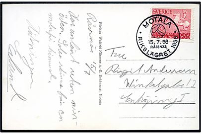 20 öre Olympisk rytterkonkurrence på brevkort (Motala, Göta kanal med dampskibet Diana) annulleret med spejder stempel Motala / Råssnäs * Rikslägret 1956 * d. 15.7.1956 til Enköping.