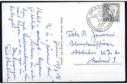 20 öre Gustaf på brevkort annulleret med spejder stempel Gränna Rikslägret i Örserum * d. 15.7.1958 til Malmö. Svag fold.