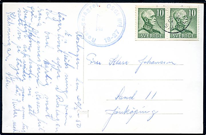 10 öre Gustaf i parstykke på brevkort (Spejderdrenge ved Boden, Roslagslägret) annulleret med svagt stempel d. 20.7.1950 og sidestemplet Roslagslägret / KFUM / 19-27 juli 1950 til Jönköping.