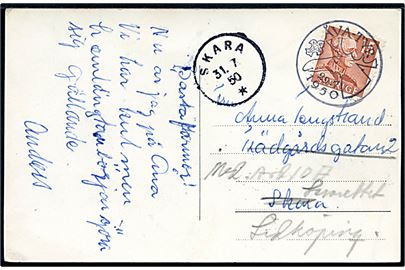 15 öre Gustaf på brevkort (spejdere på lejr) annulleret med spejder særstempel ÅVA-TYR d. 29.7.1950 til Skara - eftersendt til Lidköping.