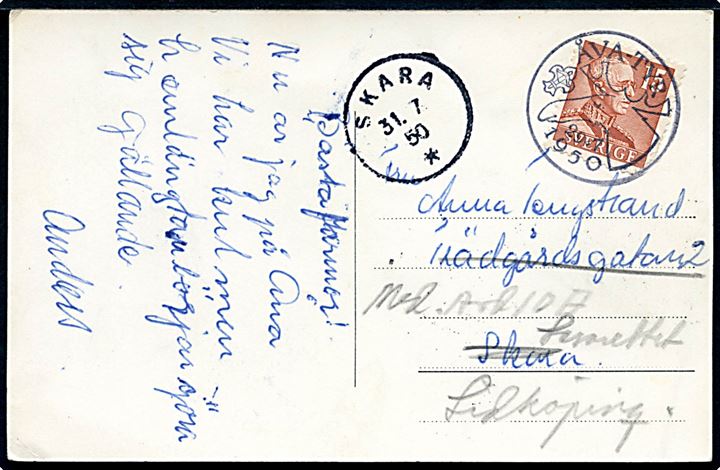 15 öre Gustaf på brevkort (spejdere på lejr) annulleret med spejder særstempel ÅVA-TYR d. 29.7.1950 til Skara - eftersendt til Lidköping.