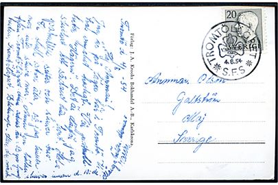 20 öre Gustaf på brevkort annulleret med spejder særstempel Tromtölägret * S.F.S.* d. 4.8.1954 til Maj. Sendt fra deltager.