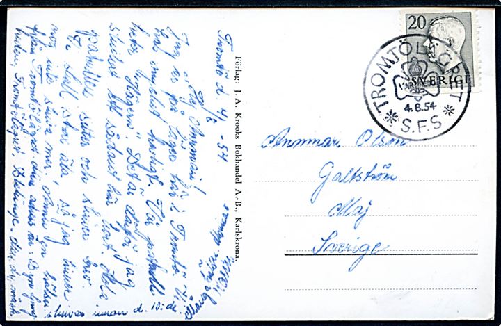 20 öre Gustaf på brevkort annulleret med spejder særstempel Tromtölägret * S.F.S.* d. 4.8.1954 til Maj. Sendt fra deltager.