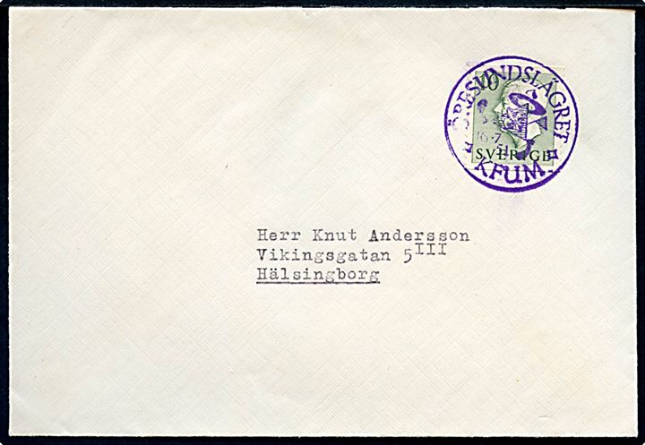 10 öre Gustaf på filatelistisk tryksag annulleret med violet spejderstempel Öresundslägret * KFUM * d. 16.7.1951 til Hälsingborg.
