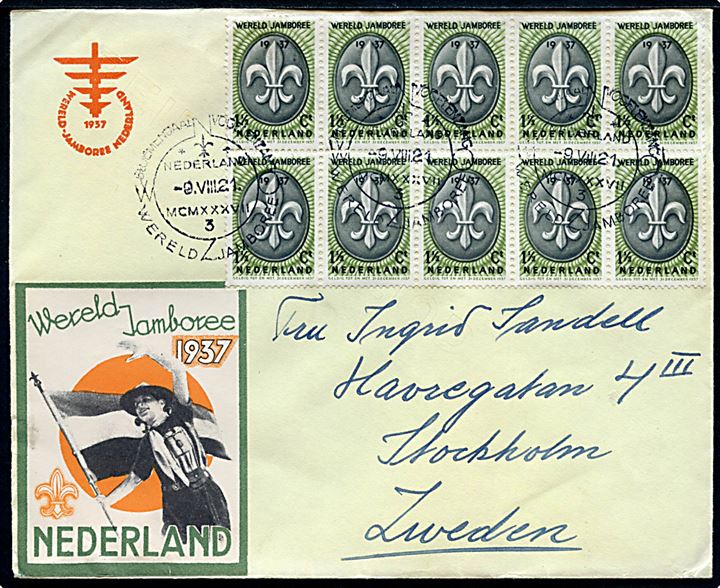1½ c Verdensjamboree udg. i 10-blok på fortrykt jamboree kuvert annulleret med særstempel Bloemendaal Vogelenzang Wereld Jamboree 3 d. 9.8.1937 til Stockholm, Sverige. 