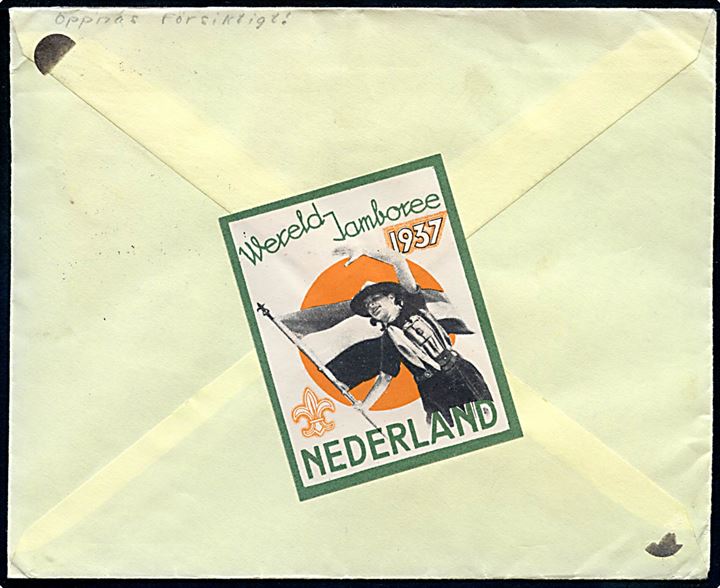 1½ c Verdensjamboree udg. i 10-blok på fortrykt jamboree kuvert annulleret med særstempel Bloemendaal Vogelenzang Wereld Jamboree 3 d. 9.8.1937 til Stockholm, Sverige. 