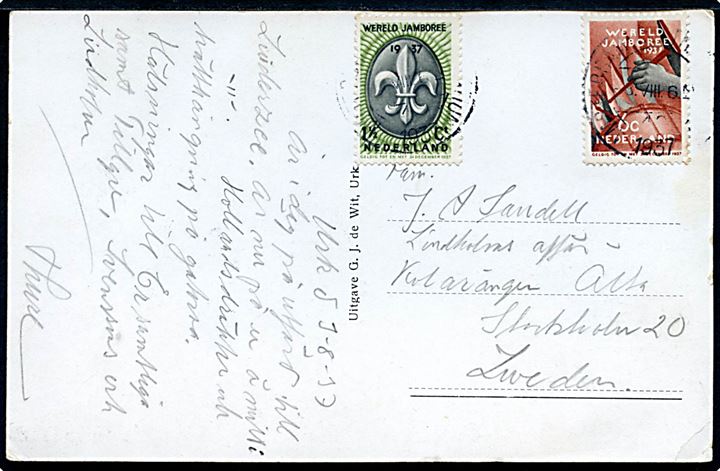 1½ c. og 6 c. Verdensjamboree udg. på brevkort fra svensk spejder annulleret Amsterdam d. 3.8.1937 til Stockholm, Sverige.