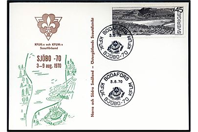 45 öre på uadresseret spejder brevkort annulleret med særstempel Bodafors KFUK SJÖBO-70 KFUM d. 3.8.1970.
