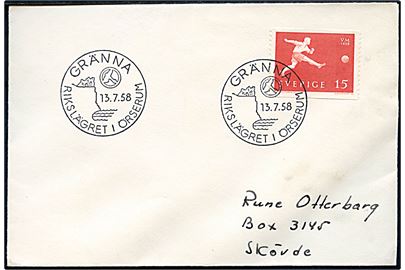 15 öre Fodbold VM på filatelistisk kuvert annulleret med spejder særstempel Gränna Rikslägret i Örserum d. 13.7.1958 til Skövde.