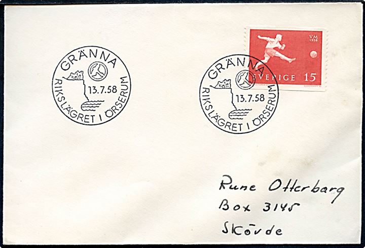 15 öre Fodbold VM på filatelistisk kuvert annulleret med spejder særstempel Gränna Rikslägret i Örserum d. 13.7.1958 til Skövde.