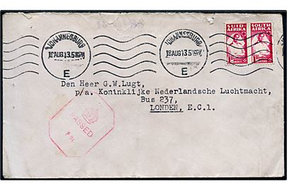 1d i 2-sproget parstykke på fortrykt kuvert fra Oorlogscomite Nederland i Johannesburg d. 18.8.1943 til soldat i det hollandske luftvåben i eksil via undercover-adresse Bus 237 (Postbox 237), London EC1, England. Britisk censur.
