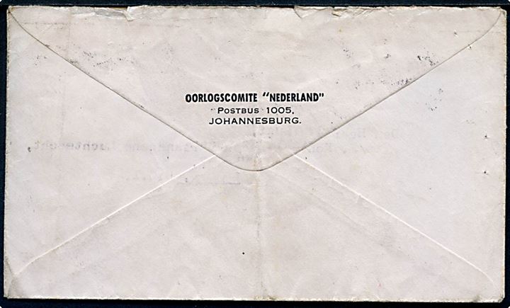 1d i 2-sproget parstykke på fortrykt kuvert fra Oorlogscomite Nederland i Johannesburg d. 18.8.1943 til soldat i det hollandske luftvåben i eksil via undercover-adresse Bus 237 (Postbox 237), London EC1, England. Britisk censur.