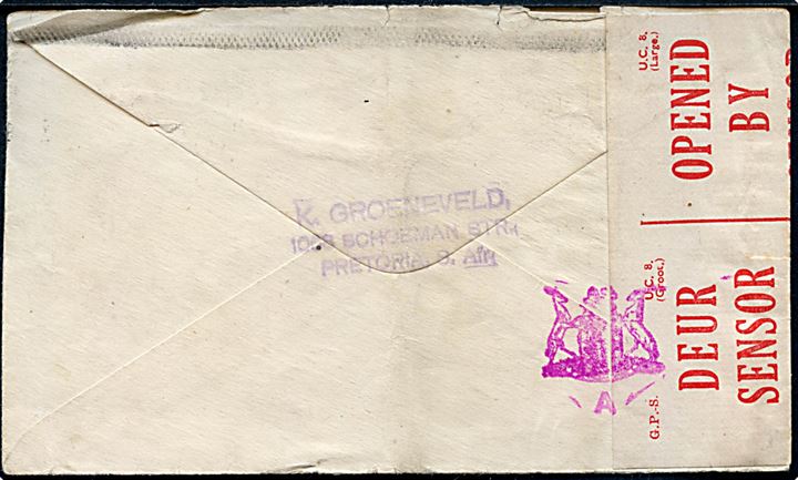 2d single på brev fra Pretoria d. 27.8.1943 til hollandsk eksil soldat i Royal Dutch Air Force via undercover-adresse P.O.Box 237, London EC1, England. Åbnet at sydafrikansk censur og passérstemplet Passed P94 i England. 