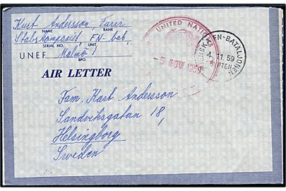 Ufrankeret UNEF Air Letter med indhold dateret i Gaza stemplet Svenska FN-Bataljonen Egypten d. 4.11.1959 og rødt United Nations Emergency Force d. 5.11.1959 til Helsingborg, Sverige.