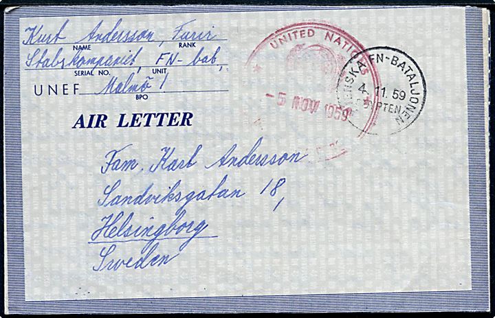 Ufrankeret UNEF Air Letter med indhold dateret i Gaza stemplet Svenska FN-Bataljonen Egypten d. 4.11.1959 og rødt United Nations Emergency Force d. 5.11.1959 til Helsingborg, Sverige.