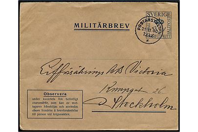 Militärbrev stemplet Postanstalten 1212 * (= Färjestaden på Öland) d. 21.11.1940 til Stockholm. Vedhængende ubenyttet svarmærke.