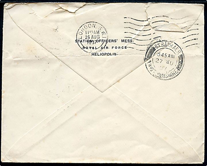 10 Mills Army Post udg. på brev fra RAF Station Heliopolis annulleret med feltpoststempel M.P.O. Caire d. 18.8.1937 til London, England - eftersendt til Stramraer.